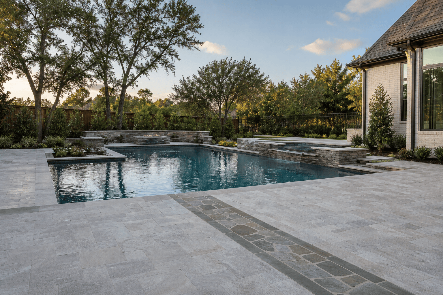 Travertine pool decking around a custom gunite pool in DFW